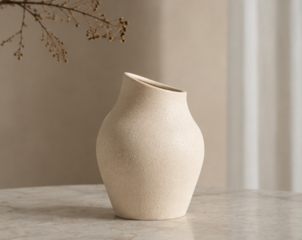 Sandstone Curved Ceramic Vase | Creamy Beige